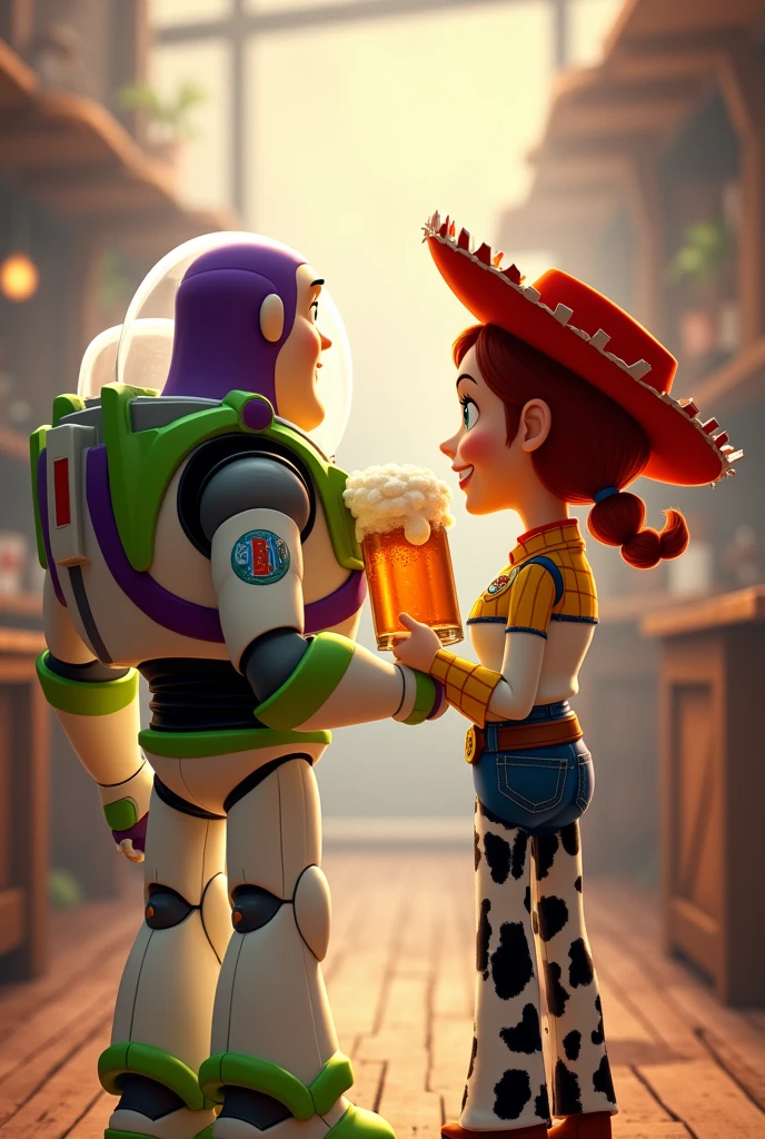 Dessin Buzz l'éclair et Jessie de dos entrain de trinquer avec une chope de bière