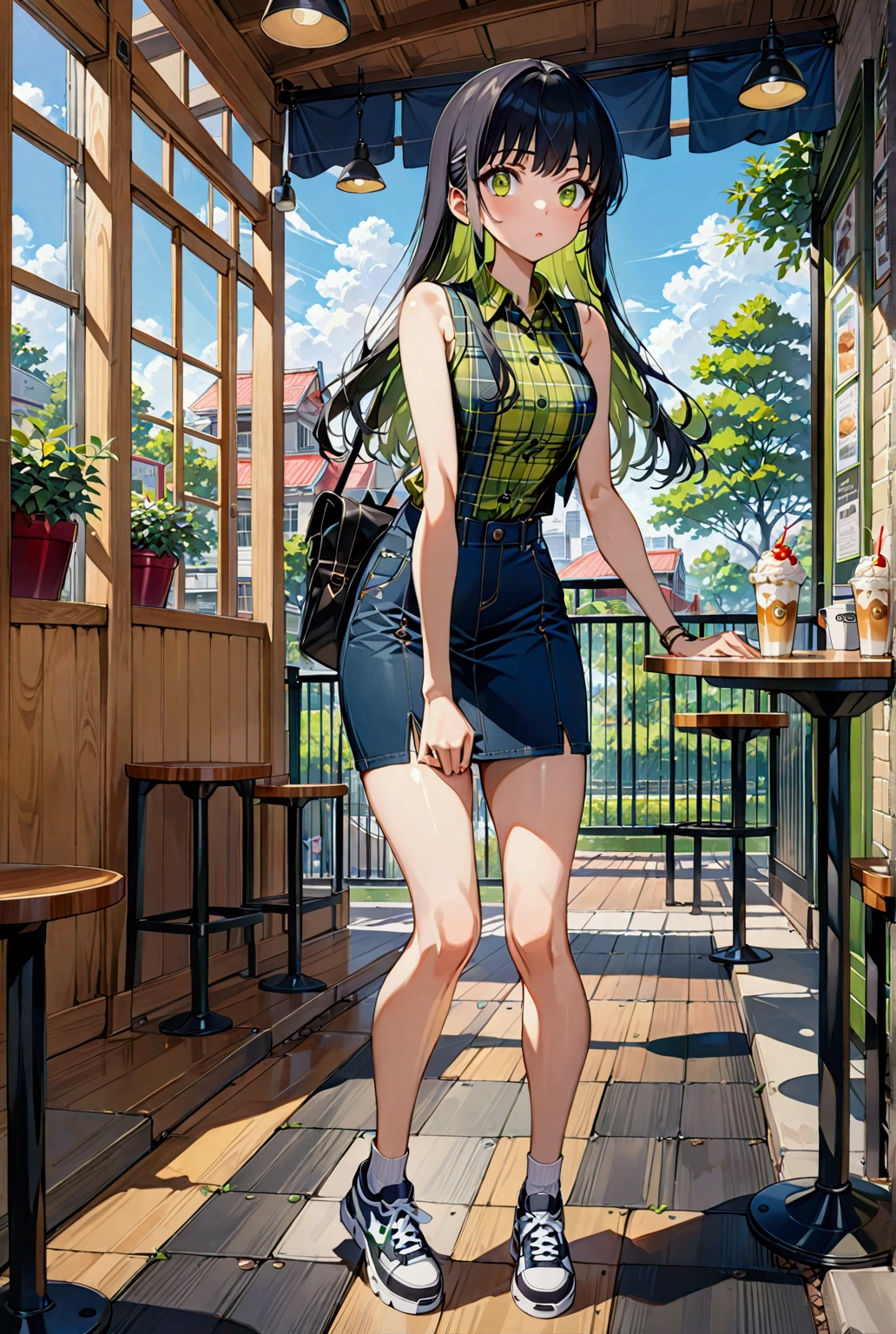 realistic anime illustration of pretty woman at park 's cafe, she 's in black long straight with full bangs, wears lime-green and yellow tartan plaid sleeveless collared shirt, navy-blue denim cargo pencil skirt, white-black sneakers, (1girl, solo, full body, front view), (masterpiece, best quality, japanese anime style), (expressive eyes, perfect face, perfect body)