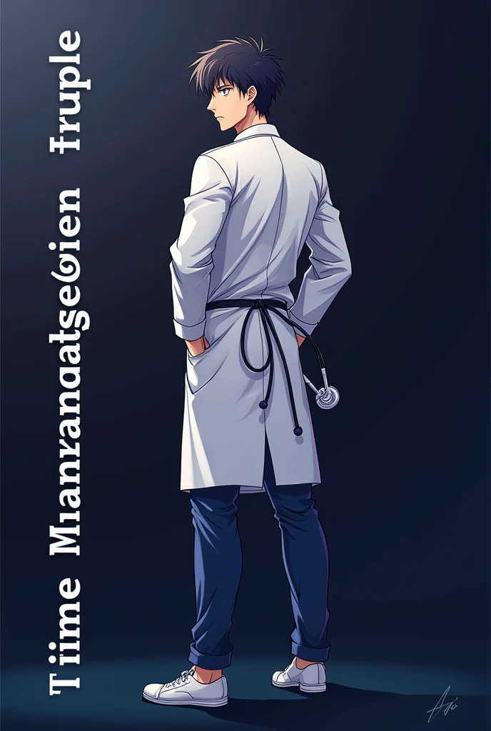 wallpaper
Doctor anime model(male) backside holding a stethoscope in one hand which is not in pocket and other hand in the pocket wearing full sleeve white doctor apron. Must write "Mission MBBS" at bottom and "Time Management" at left side like column . Motivations for exam to be a doctor.no light background use deep colour