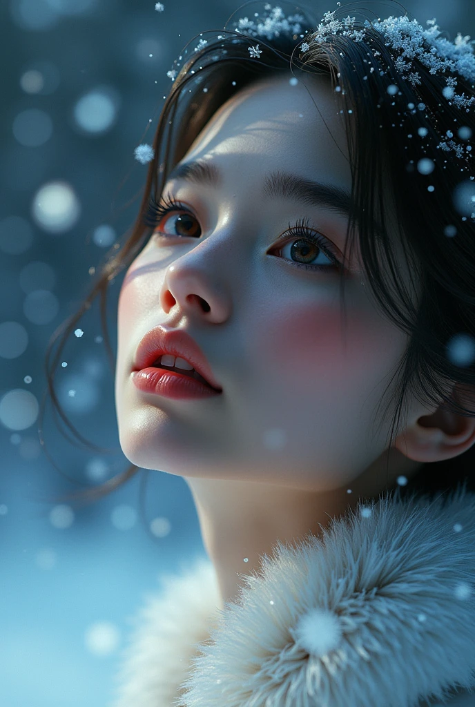 a snowy landscape, dark canvas, transparent sparkling snowflakes falling, transparent holographic reflections, surreal scenery created by snowflakes, leaves the viewer speechless, beautiful world, 1girl, detailed eyes, detailed lips, extremely detailed face, long eyelashes, beautiful detailed portrait, elegant, serene expression, winter, high quality, 8k, photorealistic, hyperrealistic, studio lighting, physically-based rendering, vivid colors, cinematic lighting, dramatic lighting, soft lightin