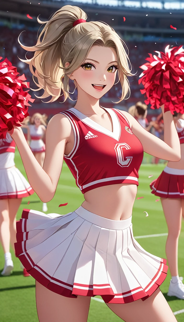 A full-length portrait of a beautiful light olive colored hair WOMAN, in a dynamic pose, showcasing energy and enthusiasm. She is wearing a traditional cheerleading uniform with a short pleated skirt and a sleeveless top in vibrant colors such as pink and white, accented with the school's logo or initials. The cheerleader has long hair, styled in a high ponytail with a ribbon matching her outfit. Flamengo football stadium, model body, masterpiece, high quality, 8k, she is a cheer leader, she is cheering, chanting, and dancing, smiling and waving the pom-poms. bright, warm lighting to capture the essence of daytime outdoor events, Include confetti or sparkles around