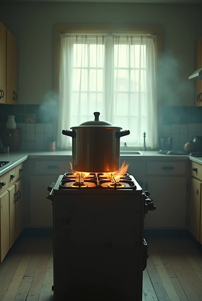 cinematic, photorealistic film poster of a pressure cooker whistling over a burning gas oven , wide old kitchen, middle class, white curtain fluttering early morning, light mist, Darjeeling