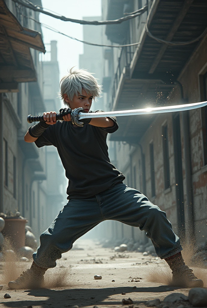 Silver hair teenage boy with street clothes sword fighting