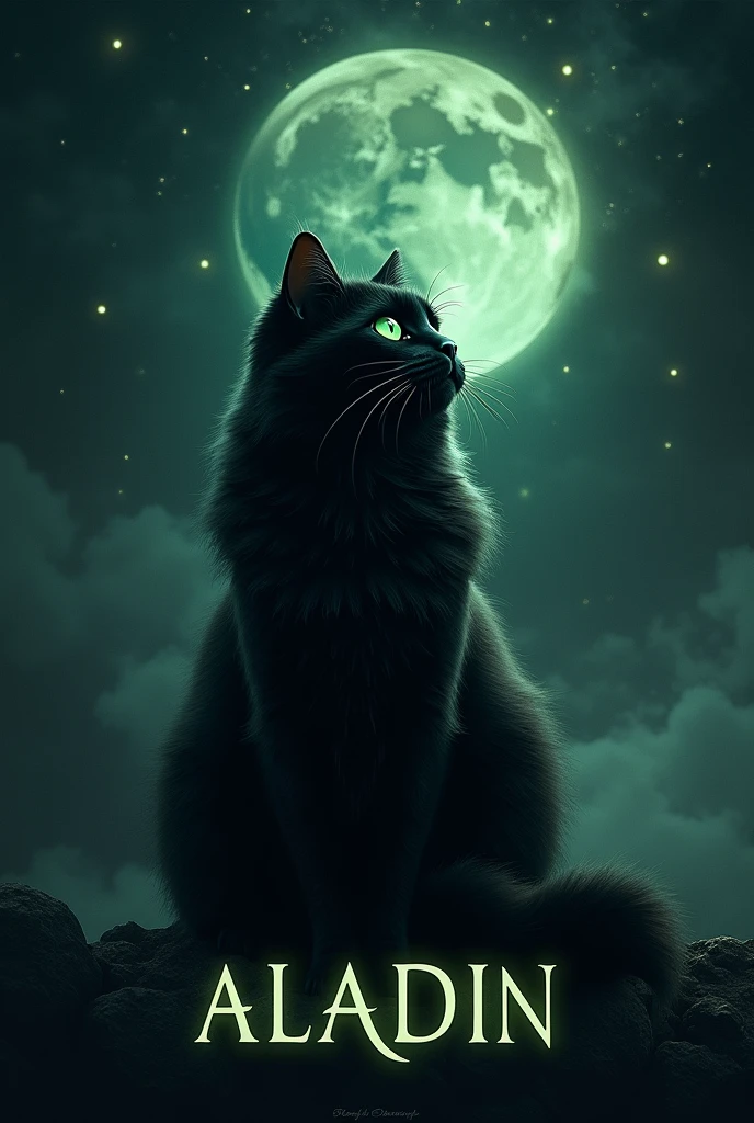 A mystical dark environment. In the middle sits a beautiful, stately black Persian cat with long fur and green eyes. He looks up at the night sky. Below him is the word ALADIN in capital letters