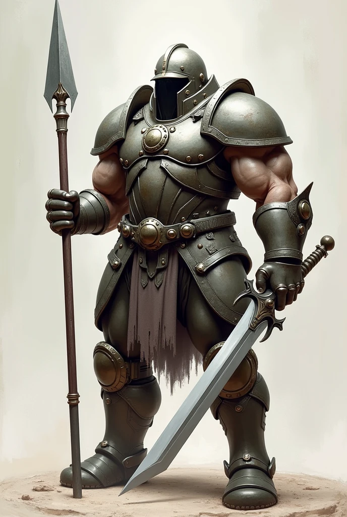 muscular armored figure with a helmet, featuring a visor-like opening, wielding a spear in one hand and a sword in the other, wearing segmented armor with defined shoulder pads, chest plates, and knee-high boots.