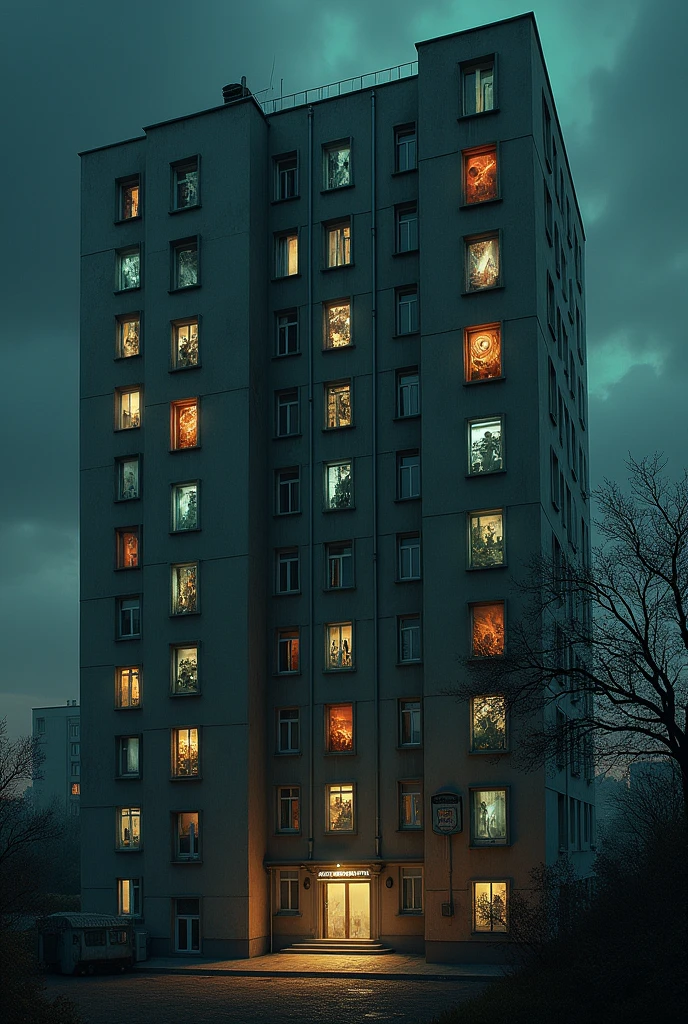 A 14-storey Russian panel house, in each window of which you can see different worlds, a mystical atmosphere, a Lovecraftian atmosphere, at night, realistic
