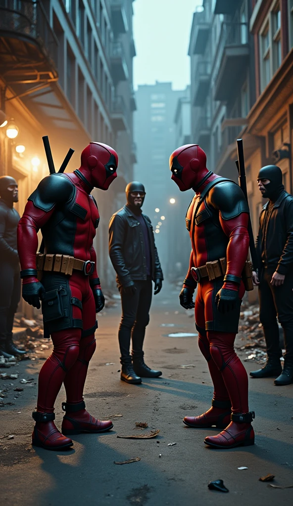 creates a scene Deadpool encounters a group of masked villains on a deserted street. The villains look surprised and confused.. Deadpool is in a funny pose, as if he was making fun of them.