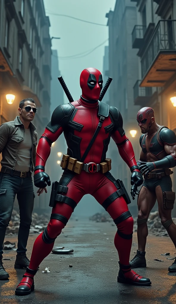 creates a scene Deadpool encounters a group of masked villains on a deserted street. The villains look surprised and confused.. Deadpool is in a funny pose, as if he was making fun of them.
