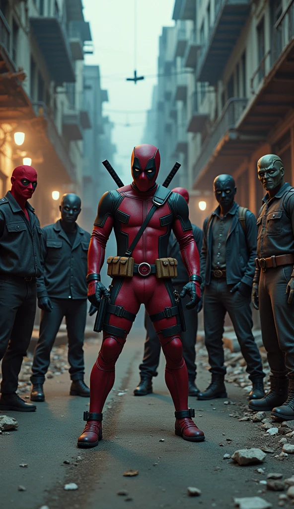 creates a scene Deadpool encounters a group of masked villains on a deserted street. The villains look surprised and confused.. Deadpool is in a funny pose, as if he was making fun of them.