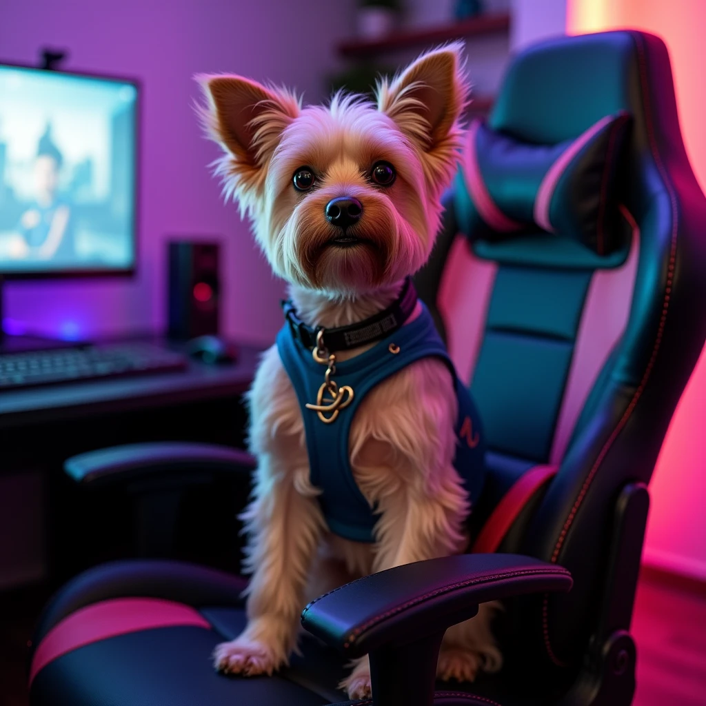 The dog that sits on the gaming chair is a Yorkshire Terrier.