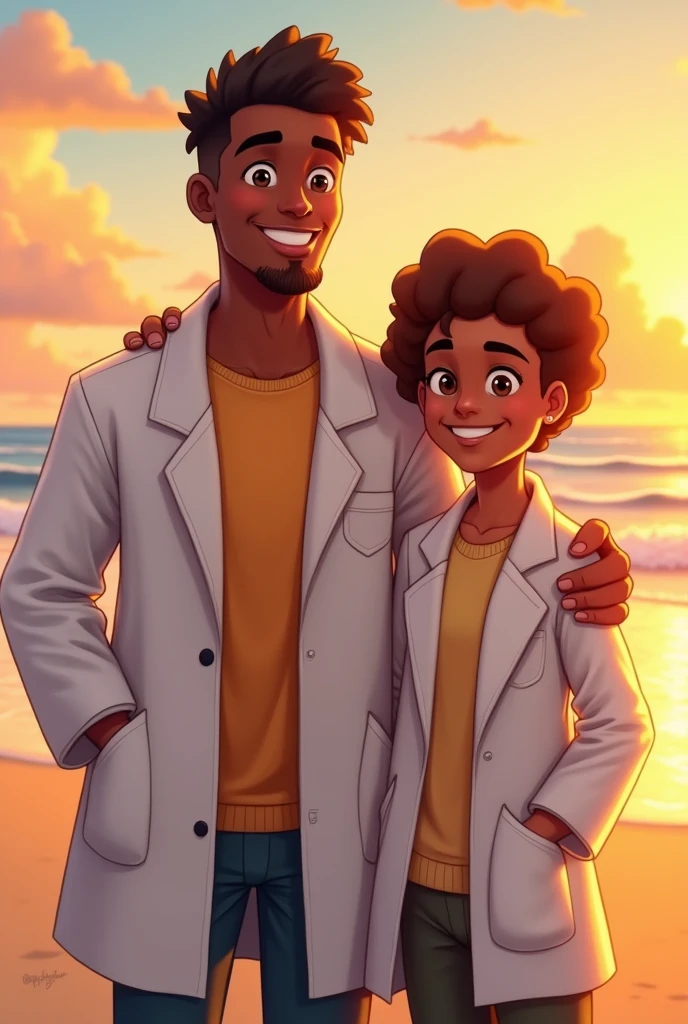 a dark-skinned pharmacist, appearance of 3 tall and smiling with beautiful wavy hair like a small tuft
, next to a 20 year old with curly hair, dark skin brown eyes, short-hair, at a sunset on the beach
 