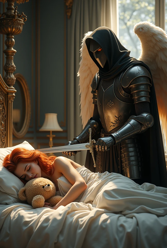 A beautiful young woman with wavy red hair, sleeping cuddling a cute teddy bear, and next to the bed stands guard a beautiful male angel, blond with medieval armor, and a sword in his hand, the sword pointed at a person dressed in black with a hood on his head near the bed, imagem alta qualidade