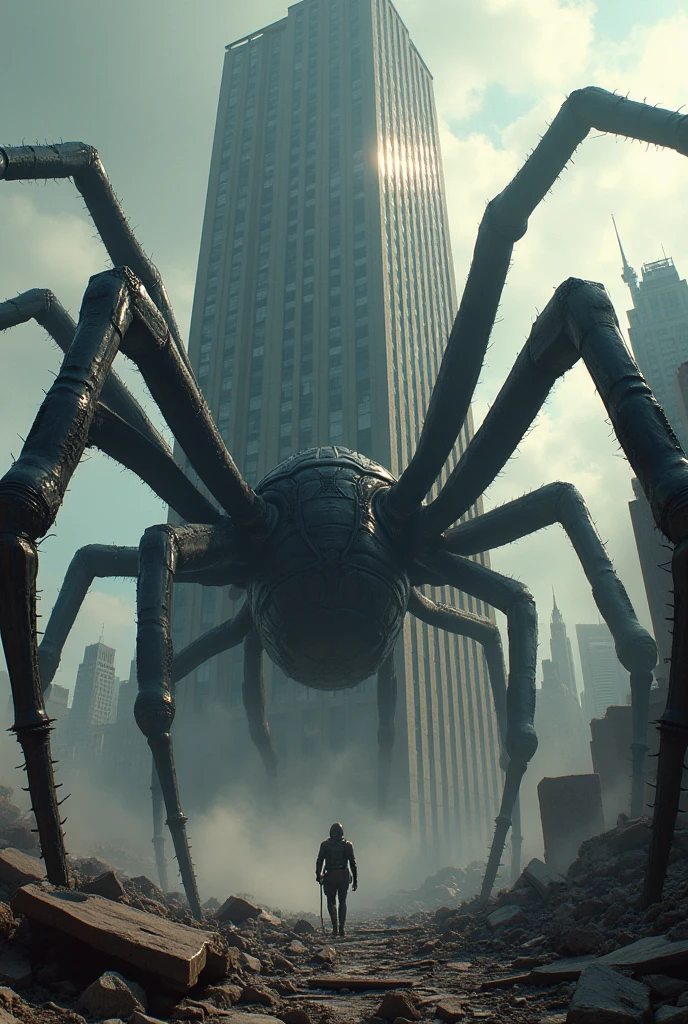 Gigantic black widow spider destroying skyscraper during world wars