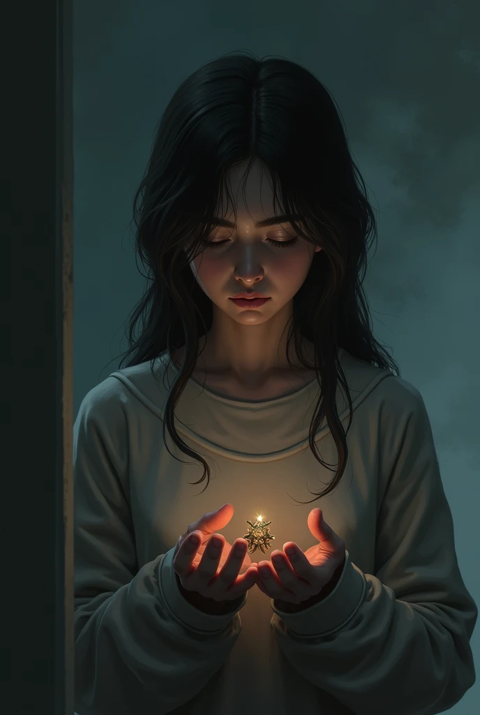 Prompt 1: A 2 girl holding a piece of jewelry or a personal belonging of someone dear to her. As she holds it tightly, memories flash by of the moments they shared, and then her hand slowly drops, symbolizing loss.