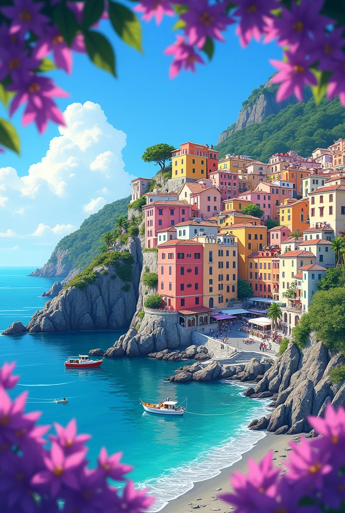 An anime-style illustration of a vibrant, colorful coastal village built on steep cliffs by the sea. The village features pastel-colored houses stacked closely together, with a variety of colors like pink, orange, yellow, and light green. The houses have small balconies and terracotta roofs. The village is set against a backdrop of a clear blue sky and calm ocean waters. There are boats docked near a small harbor, with rocky cliffs and lush greenery surrounding the area. In the foreground, vibrant purple bougainvillaea flowers frame the scene, adding a touch of vivid color. The overall atmosphere is lively, warm, and picturesque, capturing the charm of a quaint Italian seaside town in a bright and cheerful anime style."