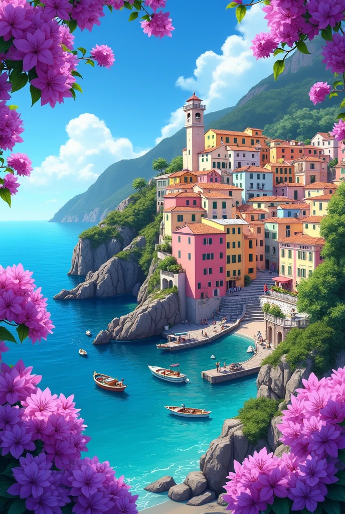 An anime-style illustration of a vibrant, colorful coastal village built on steep cliffs by the sea. The village features pastel-colored houses stacked closely together, with a variety of colors like pink, orange, yellow, and light green. The houses have small balconies and terracotta roofs. The village is set against a backdrop of a clear blue sky and calm ocean waters. There are boats docked near a small harbor, with rocky cliffs and lush greenery surrounding the area. In the foreground, vibrant purple bougainvillaea flowers frame the scene, adding a touch of vivid color. The overall atmosphere is lively, warm, and picturesque, capturing the charm of a quaint Italian seaside town in a bright and cheerful anime style."
