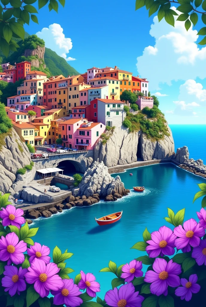 An anime-style illustration of a vibrant, colorful coastal village built on steep cliffs by the sea. The village features pastel-colored houses stacked closely together, with a variety of colors like pink, orange, yellow, and light green. The houses have small balconies and terracotta roofs. The village is set against a backdrop of a clear blue sky and calm ocean waters. There are boats docked near a small harbor, with rocky cliffs and lush greenery surrounding the area. In the foreground, vibrant purple bougainvillaea flowers frame the scene, adding a touch of vivid color. The overall atmosphere is lively, warm, and picturesque, capturing the charm of a quaint Italian seaside town in a bright and cheerful anime style."