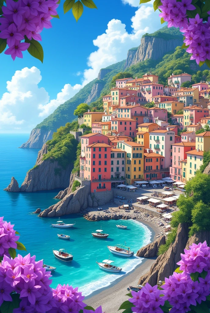 An anime-style illustration of a vibrant, colorful coastal village built on steep cliffs by the sea. The village features pastel-colored houses stacked closely together, with a variety of colors like pink, orange, yellow, and light green. The houses have small balconies and terracotta roofs. The village is set against a backdrop of a clear blue sky and calm ocean waters. There are boats docked near a small harbor, with rocky cliffs and lush greenery surrounding the area. In the foreground, vibrant purple bougainvillaea flowers frame the scene, adding a touch of vivid color. The overall atmosphere is lively, warm, and picturesque, capturing the charm of a quaint Italian seaside town in a bright and cheerful anime style."