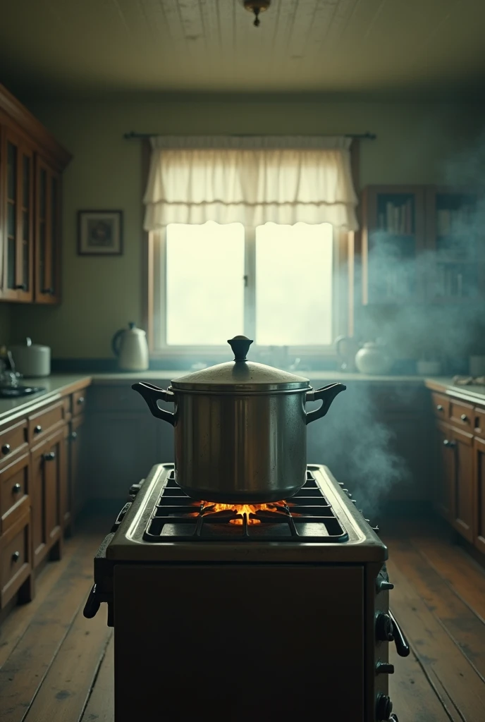 cinematic, photorealistic film poster of a pressure cooker whistling over a burning gas oven , wide old kitchen, middle class, white curtain fluttering early morning, light mist, Darjeeling