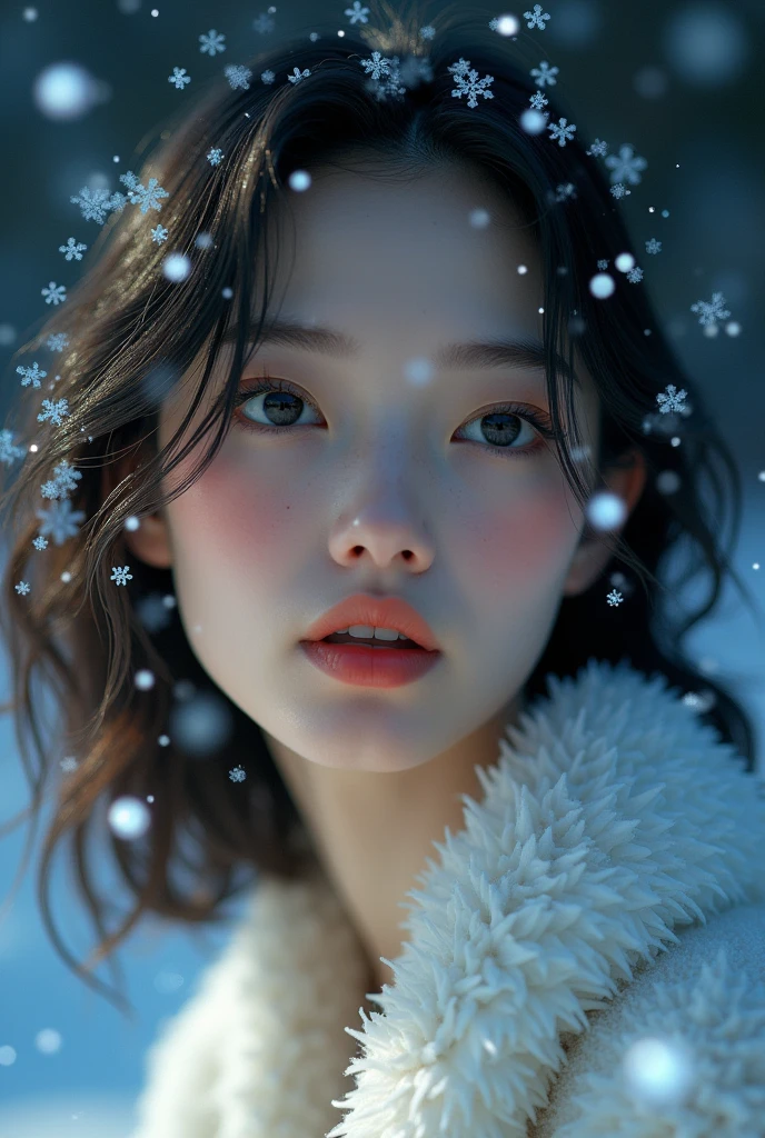 a snowy landscape, dark canvas, transparent sparkling snowflakes falling, transparent holographic reflections, surreal scenery created by snowflakes, leaves the viewer speechless, beautiful world, 1girl, detailed eyes, detailed lips, extremely detailed face, long eyelashes, beautiful detailed portrait, elegant, serene expression, winter, high quality, 8k, photorealistic, hyperrealistic, studio lighting, physically-based rendering, vivid colors, cinematic lighting, dramatic lighting, soft lightin