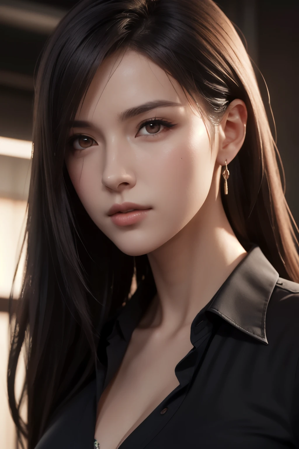Realistic, Tabletop, Highest quality, RAW Photos, One Girl, alone, Long Hair, Brown Hair, Detailed face, Attractive face, Black collared shirt, Medium chest, Dynamic pose, View your viewers, From below, Detailed Background, Fine details, Intricate details, Ray Tracing, Depth of written boundary, Low Key, Hmph