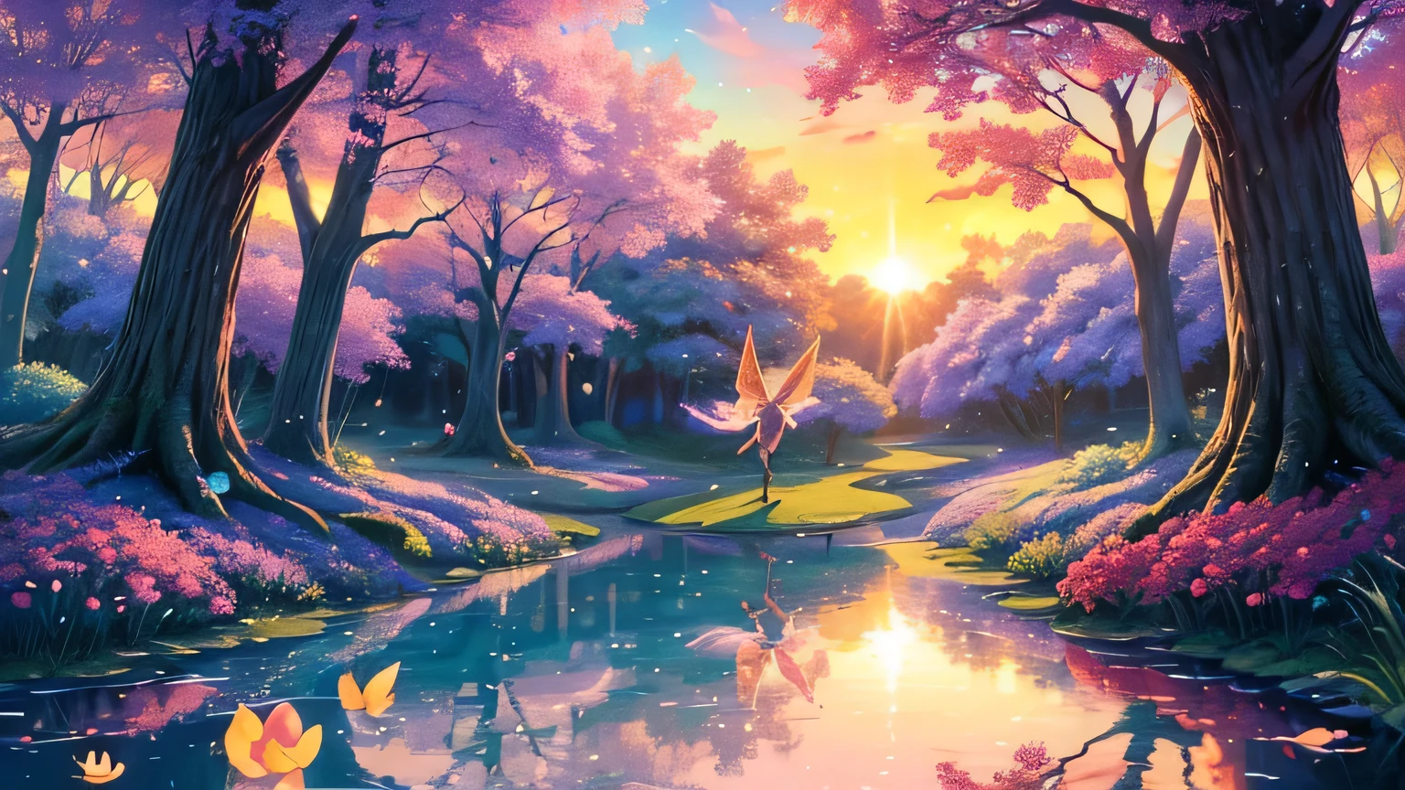 Create a fantastical illustration of fairies playing in a magical forest。Fairies with shining wings、Colorful flowers々or tree々In a landscape surrounded by。With the sunset as a backdrop、Please also draw the fairies having fun reflecting in a lake or puddle.。Soft light and vibrant colors throughout、Express a dreamy and fantasy world。