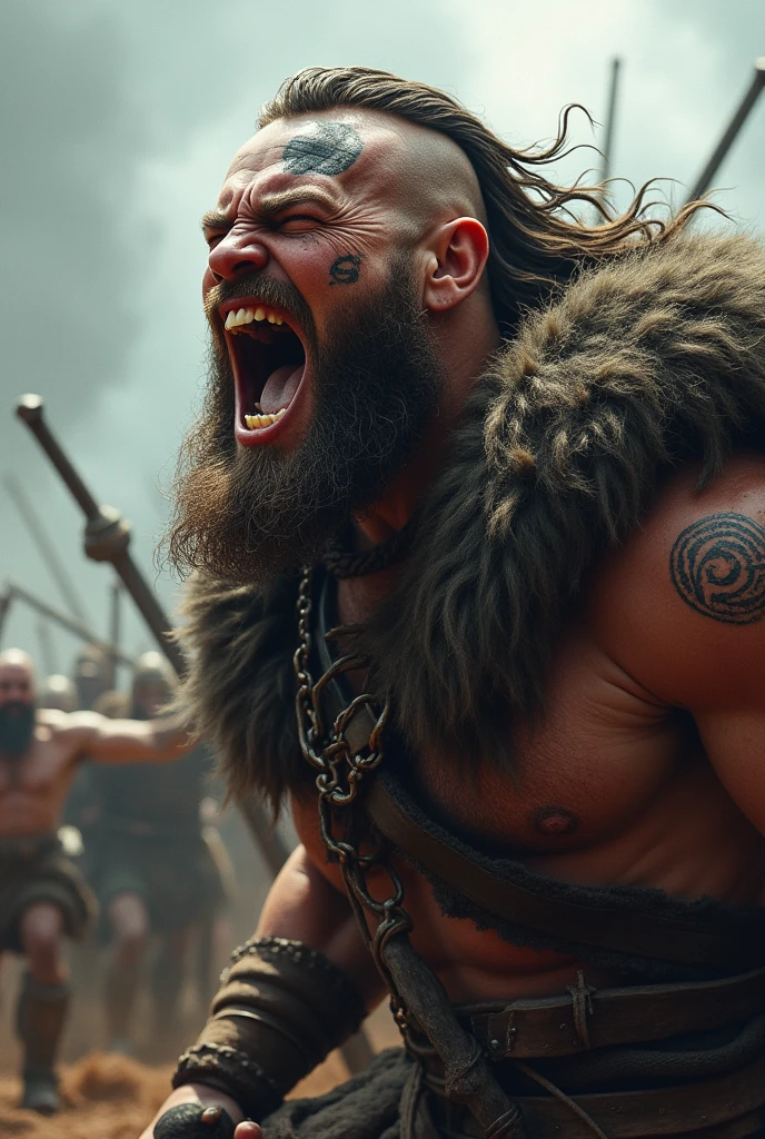 Realistic Viking warrior screaming with teeth bared with a Norse tattoo around his eye 