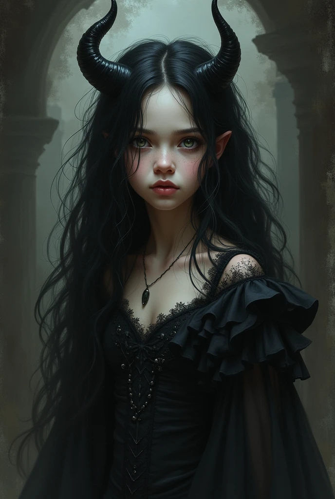 Create a long, dark haired child succubus