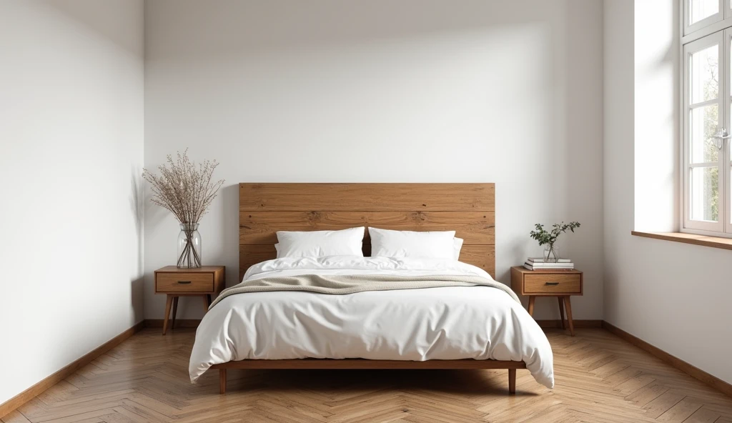 contemporary cottage bedroom design ideas, herringbone parquet flooring, large wooden headboard , white walls