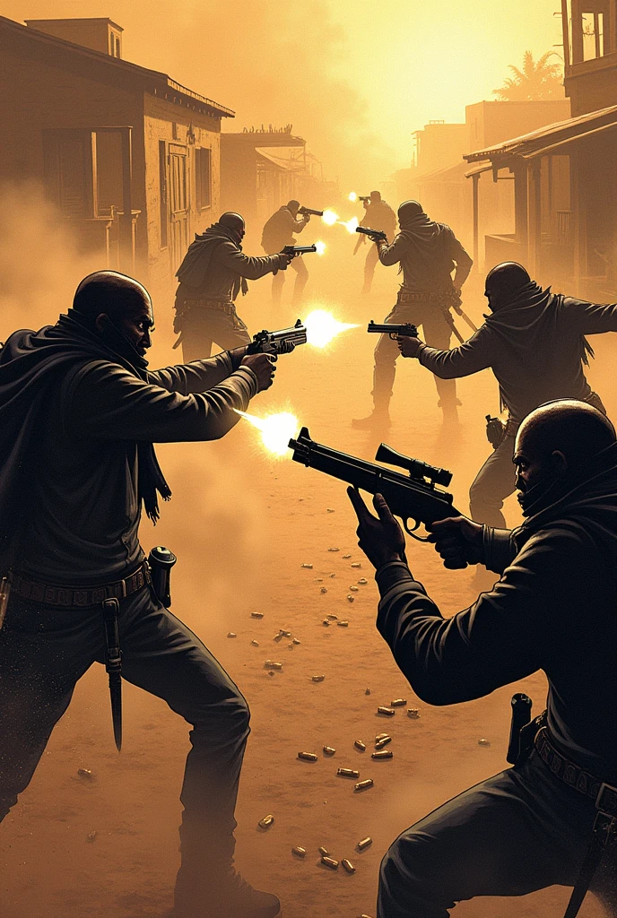 Make me an image that has 2 groups containing 5 bandits and they are in the banditry exchanging gunfire, in the form of a drawing