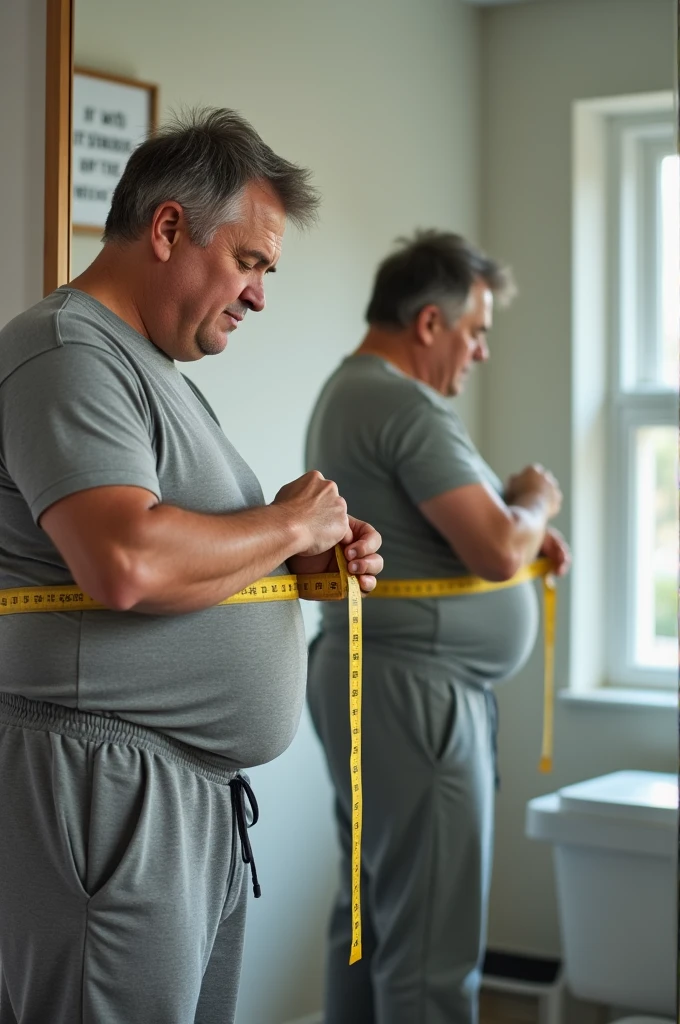 A middle-aged overweight man stands in front of a large mirror in a bright, modern bathroom. He is wearing a casual t-shirt and sweatpants. His facial expression shows a mix of determination and concern as he carefully wraps a measuring tape around his waist. The man looks down at the tape, focusing on the numbers, with his brow slightly furrowed. In the background, there are motivational posters on the wall and a digital scale on the floor, indicating his commitment to health and fitness.”