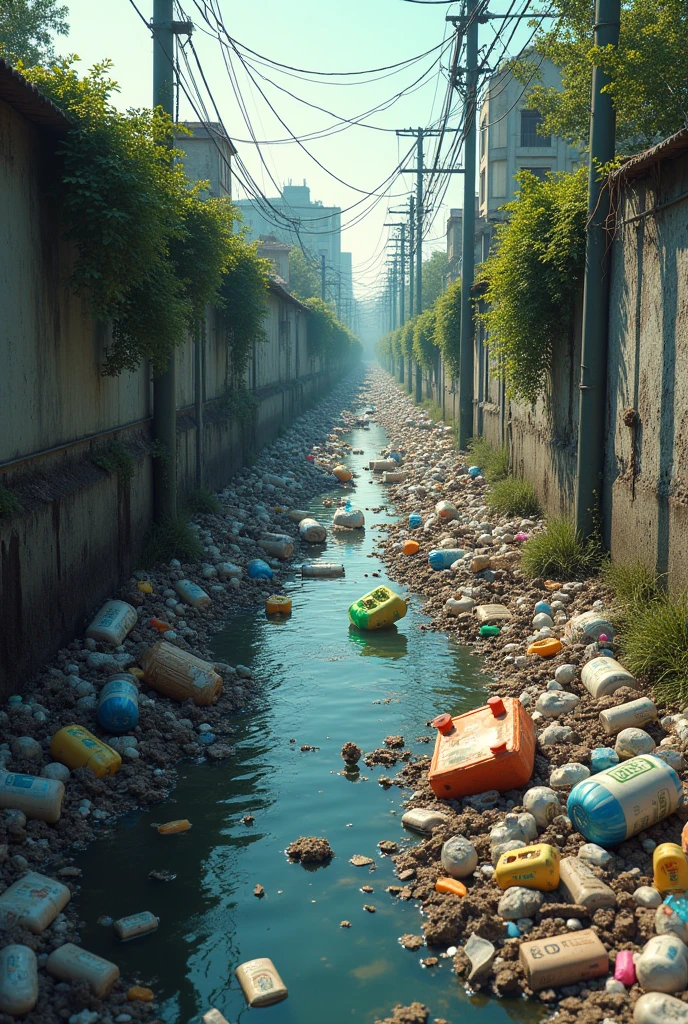 water channel contaminated with garbage. the image with side view
