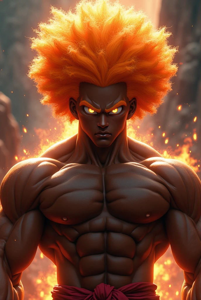 Personnage Dragon ball, Homme, coupe afro de couleur orange, torse nue , peau noir