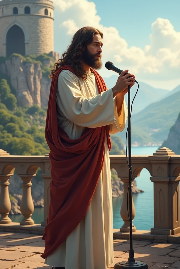 JESUS QUI PARLE DANS UN MICROPHONE SUR UN PONT