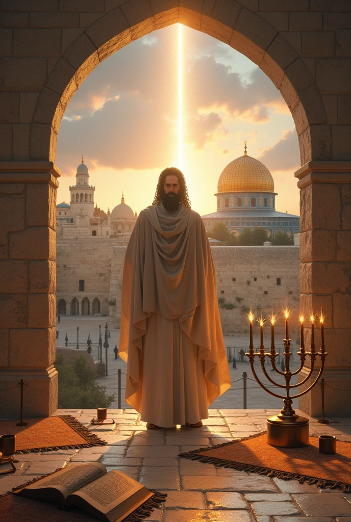 Generates an image showing the Star of David, Dome of the Rock, wailing wall, the torah, menorah, Moses as a prophet and in the background a light that represents eternity.