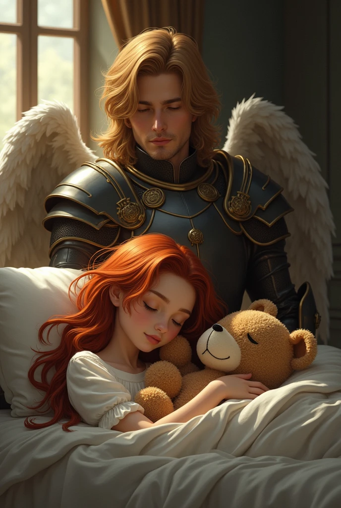 A beautiful young woman with wavy red hair, sleeping cuddling a cute teddy bear, and next to the bed stands guard a beautiful male angel, blond with medieval armor, and a sword in his hand.