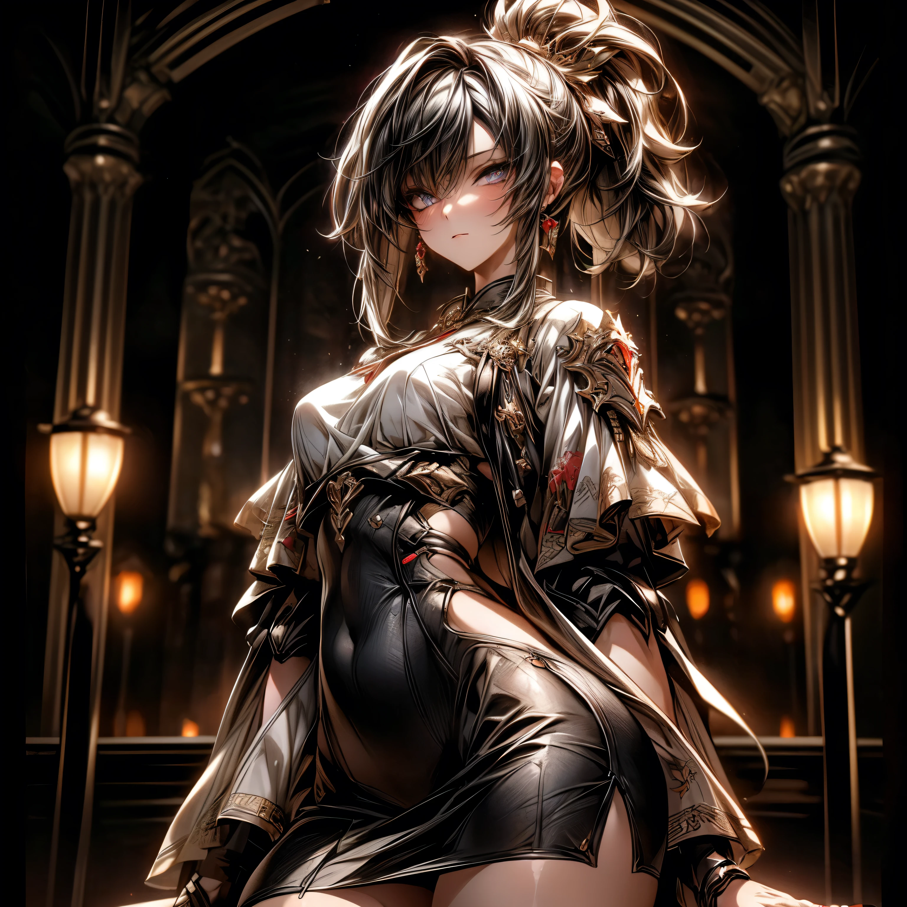 (best quality)), ((Masterpiece)), (details:1.4), 3d, HDR (high dynamic range), an image of a beautiful cyberpunk female, Cyberpunk, Black hair, High ponytail, Hips up, Beautiful white eyes, จมูกโด่ง, ปากแดง, หน้าอกใหญ่, nvidia RTX, PBR surface, After processing, Anisotropic filtration,depth of field, Maximum clarity and clarity, multi-layered surface, Subsurface scattering, perfect proportions, 8K raw files, ultra detailed, Perfect proportions, volumetric lighting, soft lighting, Holy Paldin, Heavy Golden Armor, glossy skin, Castle background, jewely, ต่างหู, นิ้วมือสมบูรณ์, mini red skirt,