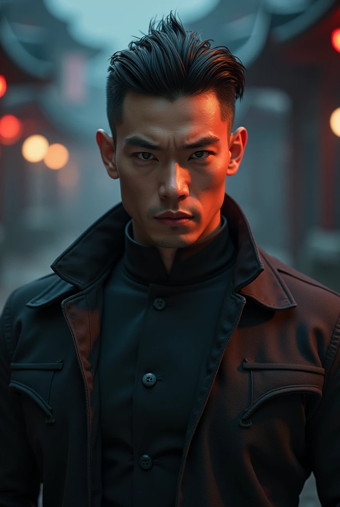 Korean man, brown hair, brown hair swept back, back swept hair, short to medium length hair, red eyes, straight eyebrows, muscular