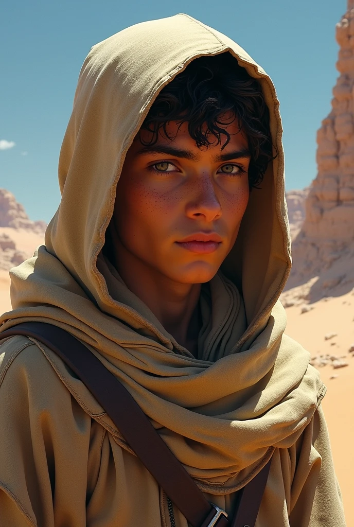 Only face medivil deseert hunter young adult guy in hood no beard