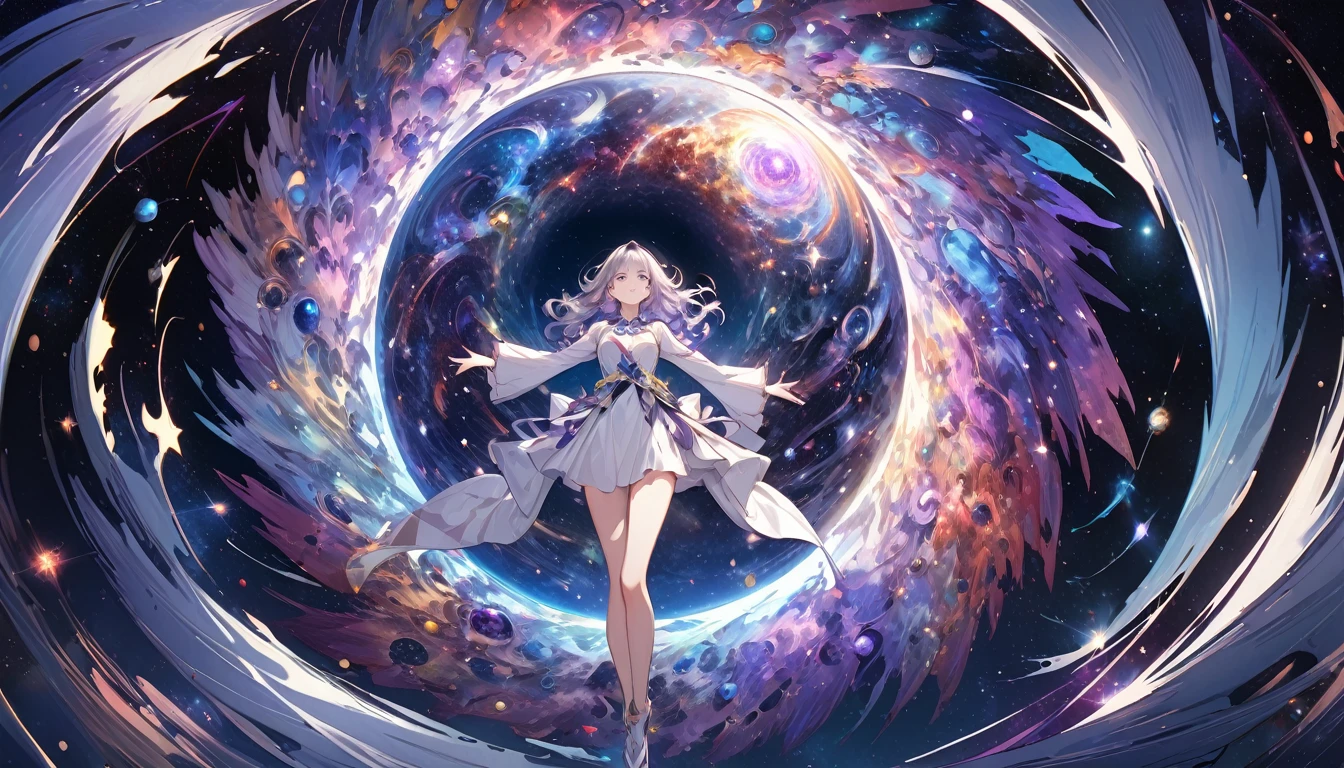 **379. One person。Personification of the galactic vortex。A symbol of vastness and mystery。Cowboy shot or close-up。  
masterpiece, best quality, ultra detailed (Detailed fingers), (Emotional), (Breathtakingly beautiful),  
(main part: 1.2 Whole body。), (Anime Style), (Very detailed), (Galactic vortex personification),  
(超High resolution, High resolution), (8k), (High resolution: 1.2), (Complex and beautiful: 1.2)**
- background: The depths of space、star々Shining in the infinite space。
- character: Young woman, around 1、Wearing a dress that resembles a galactic vortex。
-pose: Creating a whirlpool at the center of the universe。
-expression: A calm expression gazing at the mysteries of the universe、Vast presence。
- Effects: The dress becomes a galactic vortex、star々Scattered。
-color: Deep navy and purple cosmic colors、輝くstar々Light of。
