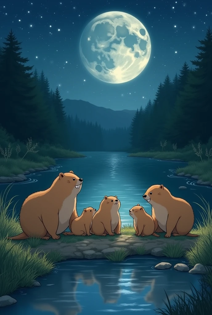 Studio Ghibli style marmots in a night river