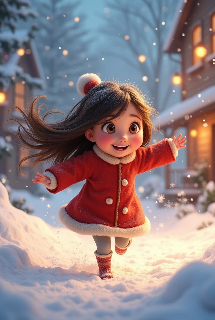 Young girl with big brown hair and big beautiful eyes. Playong in the snow. Christmas lights are in the background. Happy picture. Animated.