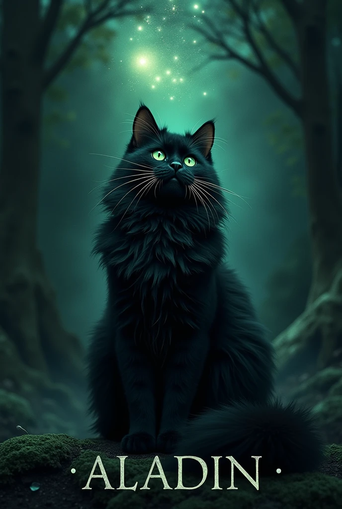 A mystical dark environment. In the middle sits a beautiful, stately black Persian cat with long fur and green eyes. He looks up at the night sky. Below him is the word ALADIN in capital letters