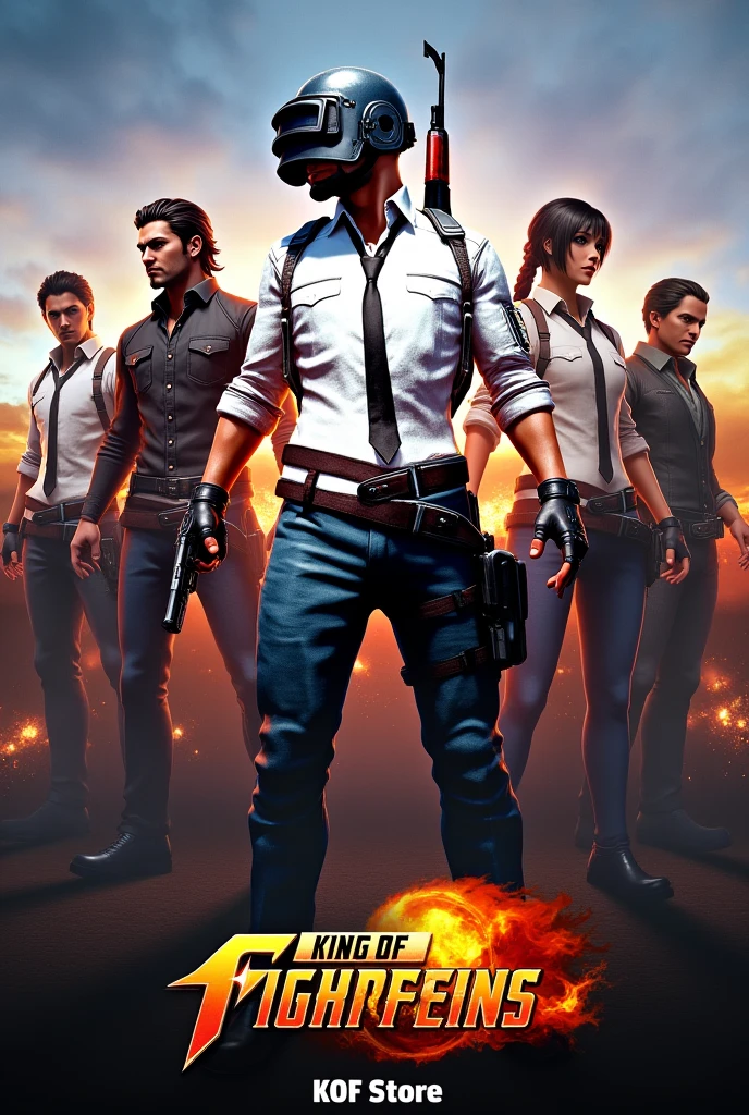 Make a wallepaper for group and in this wallpaper squad of pubg man and women both but in king of fighter seems and below the text KOF store