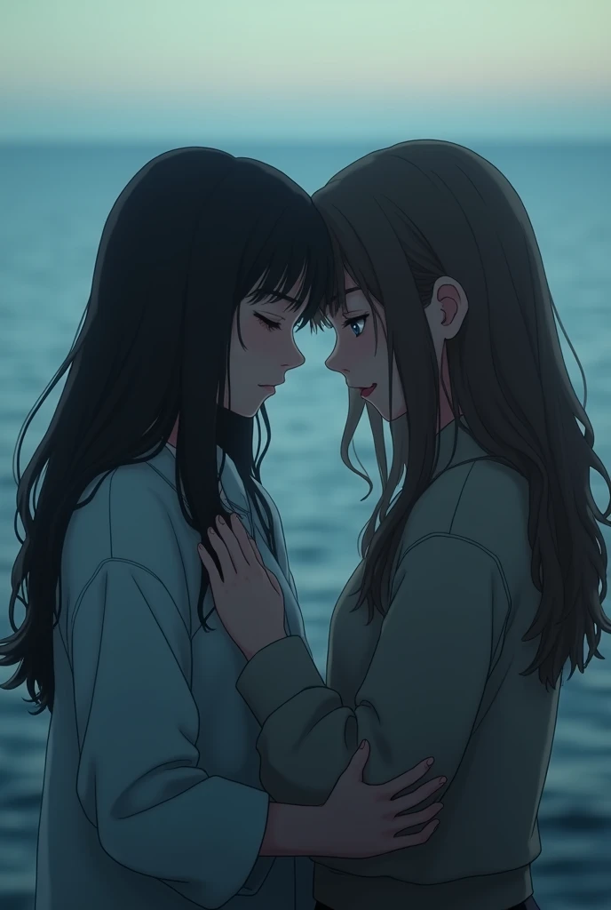 Prompt 2: A cinematic scene of a 2 girl standing at the edge of a cliff or by the sea, gazing into the horizon. She closes her eyes, and a tear falls, symbolizing the moment of realization that she has lost someone important.