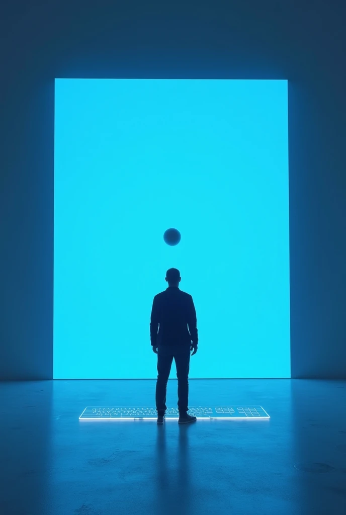 A 3D projection that originates from a small ball that generates a large blue screen in front of the user floating in front of him, with only the user being able to see it, also providing a keyboard to respond to social networks that flies.. Make it smaller with the projection coming out of the small ball
