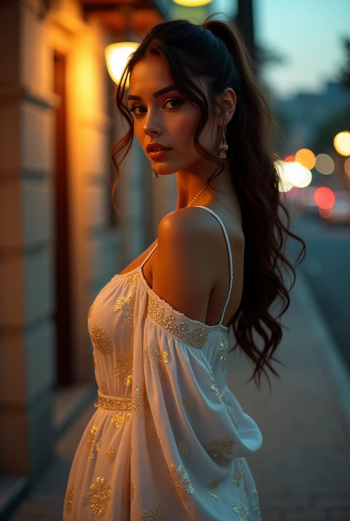 a full body portrait of beautiful curvy woman,30 year old, dynamic pose, ultra realistic face, perfetct eyes, ultra realistic hair, hair with great details, face photorealistic, perfect face, perfect anatomy, (skin with real texture of better quality: 1.4) solo, (turkish beauty) mixed race, full lips, (big eyes) (white floral satin pakistani clothes) (white floral silk pakistani dress) (tight satin trousers) (evening) lights, skin teture, pores, skin spots (scarf) tied hair (low light) (turkish beauty) latina, curves, casually posing, candid, low light, evening (street lights) ((lipstick)) fluffy turned, different candid poses, ((saturation -2)), vibrancy -1, character in various styles and poses, fluffy turned, sexually arousing, brown highlight hair, evening, ambient light, sunset time, sitting, kodak 400, film grain, noise, slight smile