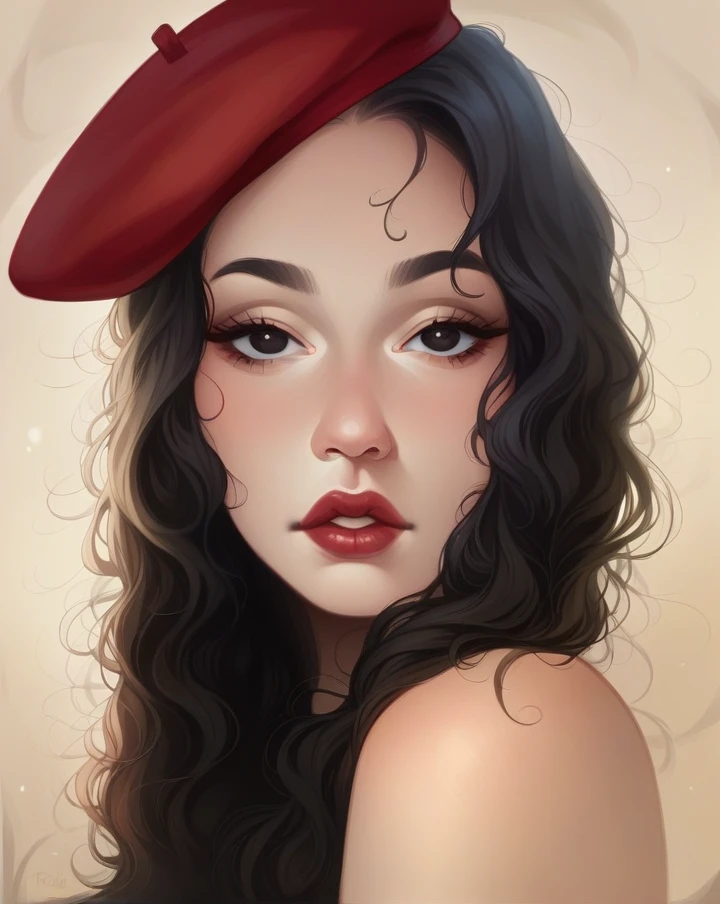 beautiful woman, female beauty, Beautiful eyes, black eyes, Red lips, reddish lips, pompous lips, Red lips, soft and smooth skin, pale skin, White skin, Red cheeks, reddish cheeks, pretty nose, small nose, button nose, Red beret, pretty beret, beret in the hair, Red beret en su cabello, Red Hat. hd quality, Digital art.