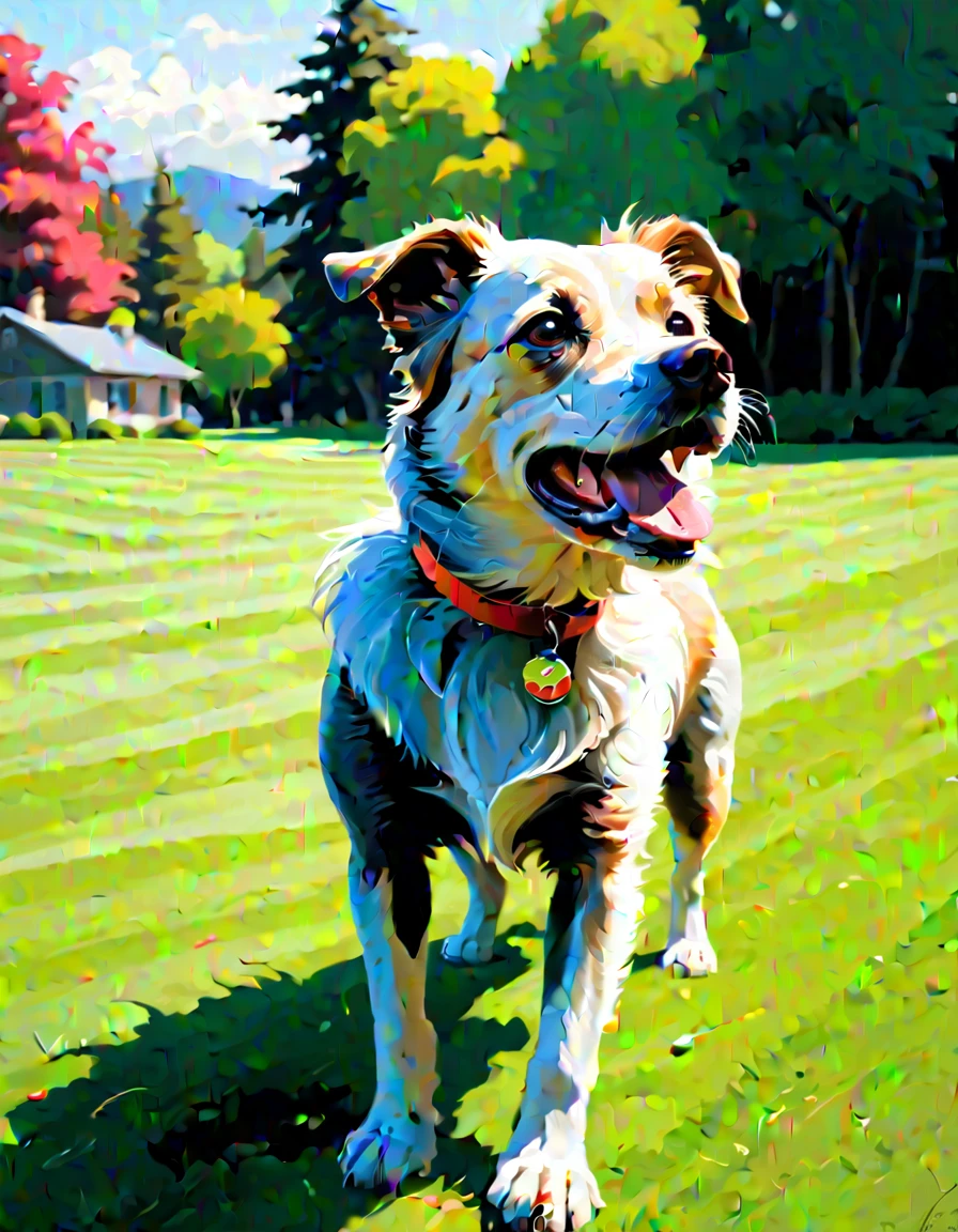 Masterpiece, best composition, dynamic composition, colorful landscape painting, dog on lawn.