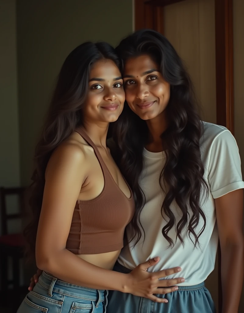 closeup, realistic, uhd image, rich indian uncle and fair indian niece come back from convent school and have secret affair, her deep cleavage seen, uncle squeezing her boobs, uncle hugging from behind, niece facing camera, secret relationship, uncle wearing shorts and t shirt, niece wearing school uniform, school uniform, inside indian home